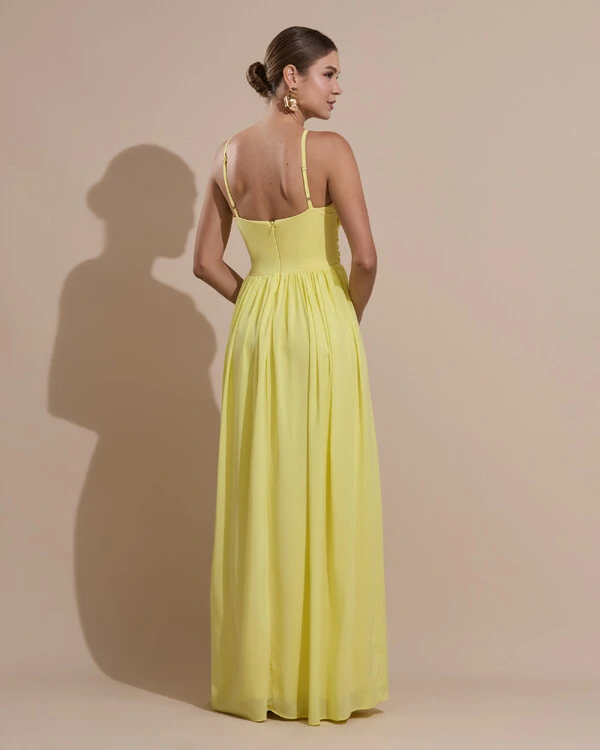 Vestido de Festa Longo Crepe Chiffon Drapeado com Alças Finas Amarelo Manteiga