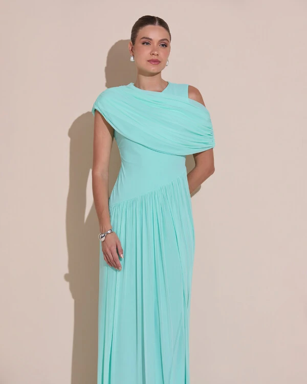 Vestido de Festa Longo Capa Drapeado Tule Saia Fluida Tiffany