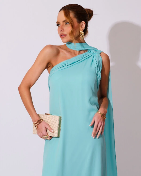 Vestido de Festa Longo Crepe Chiffon Um Ombro Só Drapeado Tiffany