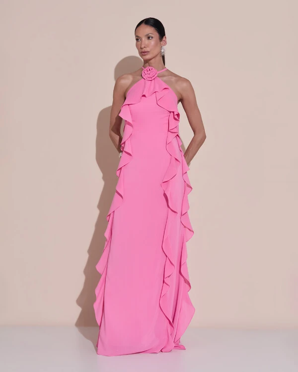 Vestido de Festa Longo Crepe Chiffon Frente Única Babados Cascata e Flor Rosa