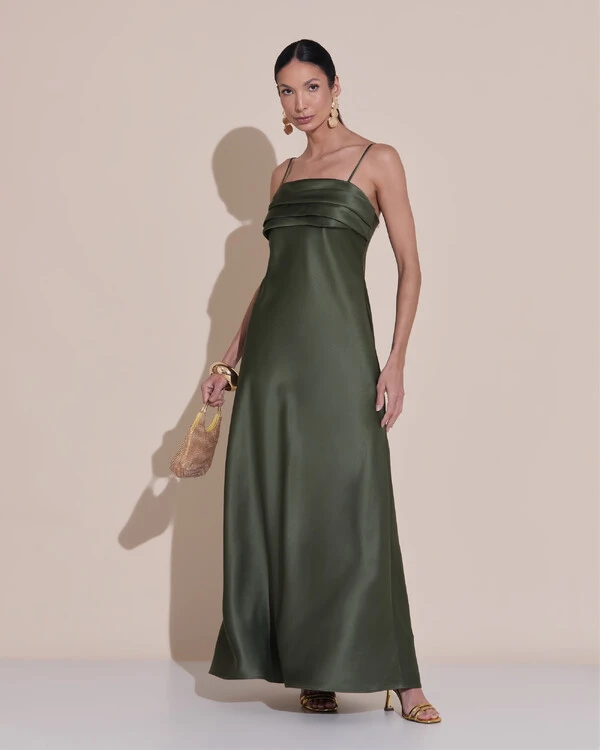 Vestido de Festa Midi Drapeado Cetim Verde Oliva
