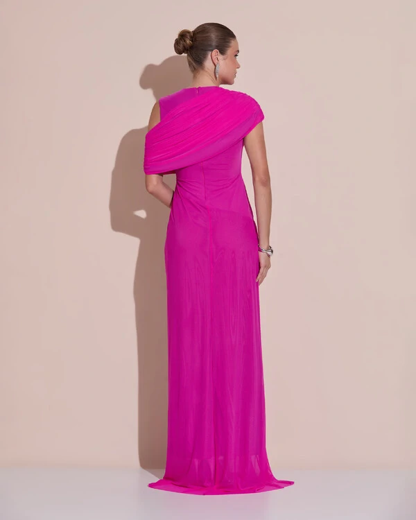 Vestido de Festa Longo Capa Drapeado Tule Saia Fluida Pink New