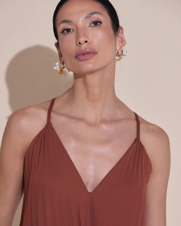 Vestido de Festa Longo Plissado Crepe Chiffon Decote V Alças Finas Marrom New