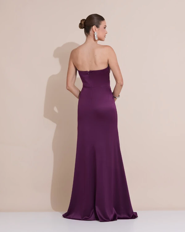 Vestido de Festa Longo Cetim Alfaiataria Tomara que Caia Fenda Roxo