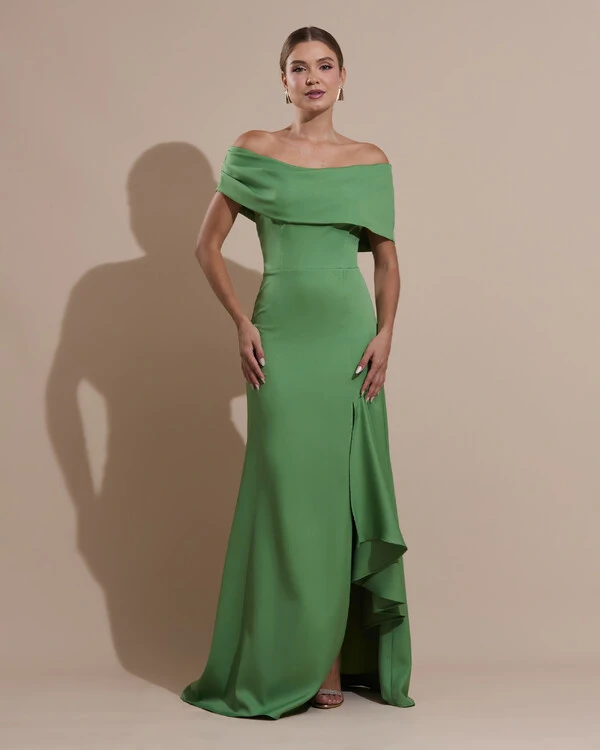 Vestido de Festa Longo Alfaiataria Ombro a Ombro com Babado Cascata Verde Matcha