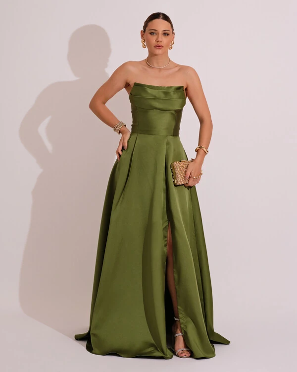 Vestido de Festa Longo Tomara que Caia Trançado Costa em Zibeline Verde Oliva
