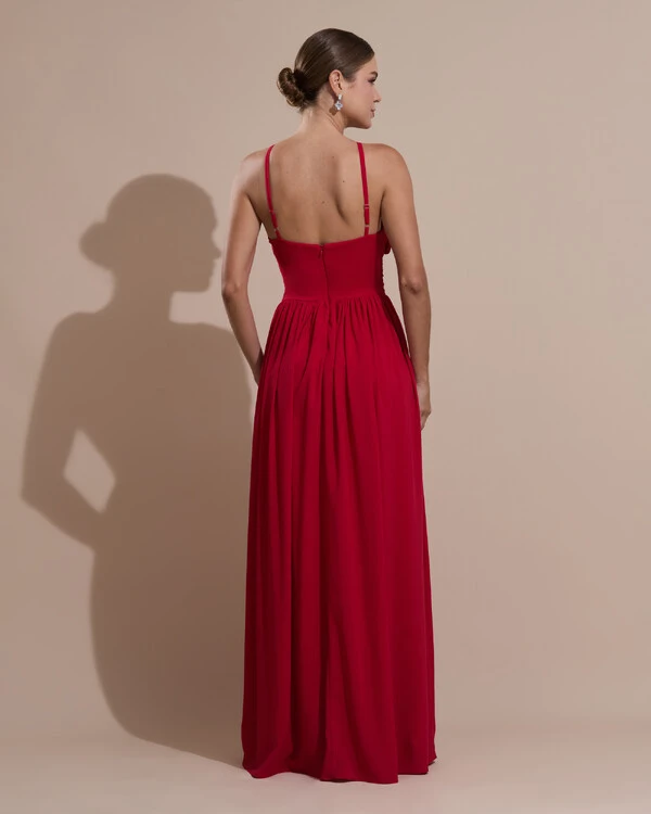 Vestido de Festa Longo Crepe Chiffon Drapeado com Alças Finas Vermelho