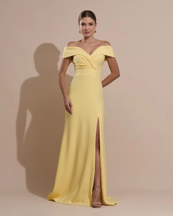 Vestido de Festa Longo Alfaiataria Ombro a Ombro com Fenda Amarelo Manteiga