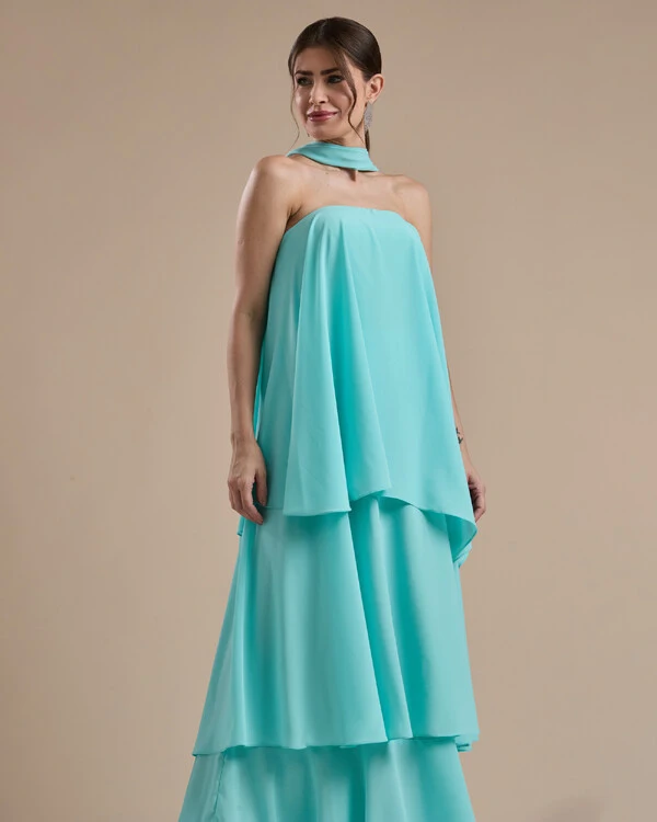 Vestido de Festa Longo Chiffon Crepe em Camadas com Lenço Tiffany