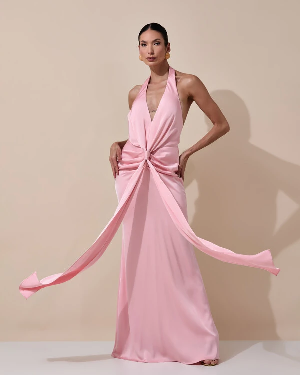 Vestido de Festa Longo Frente Única Decote V Cetim Drapeado Faixa Rose Gold