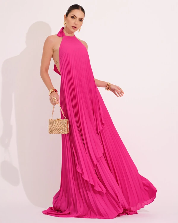 Vestidos de Festa Longo Chiffon Fluido Frente Única Plissado Duplo Pink