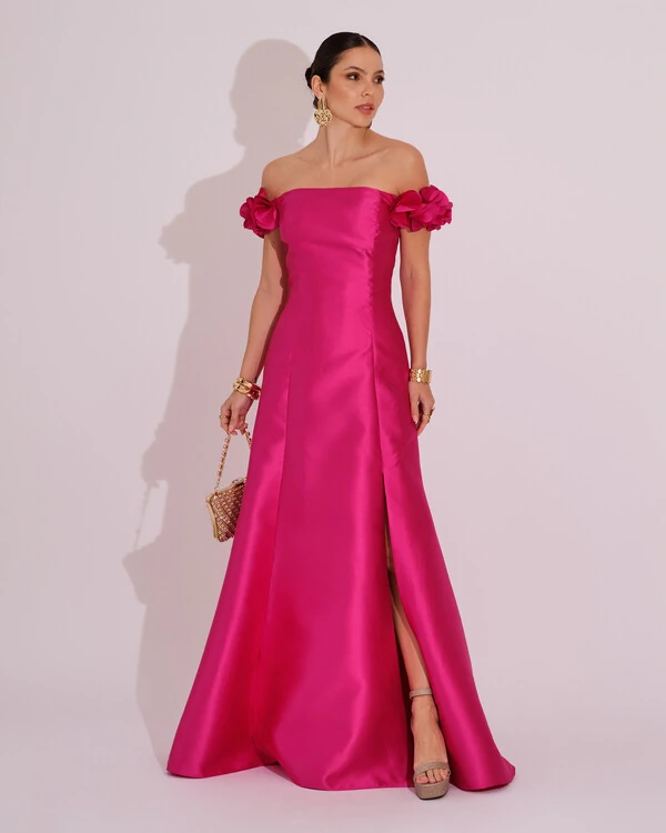 Vestido Longo de Festa Zibeline Ombro a Ombro com Flores e Fenda Pink