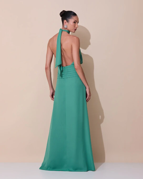 Vestido de Festa Longo Frente Única Busto Blousê Crepe Chiffon Drapeado Verde Matcha Escuro