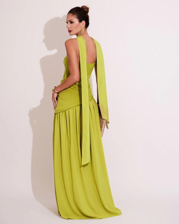 Vestido de Festa Longo Tomara que Caia Alfaiataria e Saia Crepe Chiffon e Lenço Verde Pistache