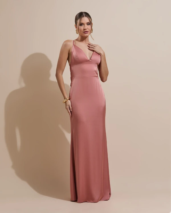 Vestido de Festa Longo Costas Abertas Laço Cetim Decote V Rosa Blush