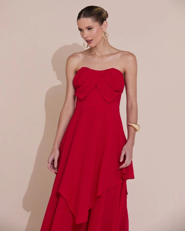 Vestido de Festa Longo Tomara que Caia Crepe Chiffon Drapeado Camadas Vermelho
