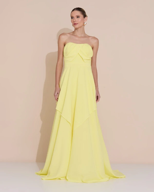 Vestido de Festa Longo Tomara que Caia Crepe Chiffon Drapeado Camadas Amarelo Manteiga