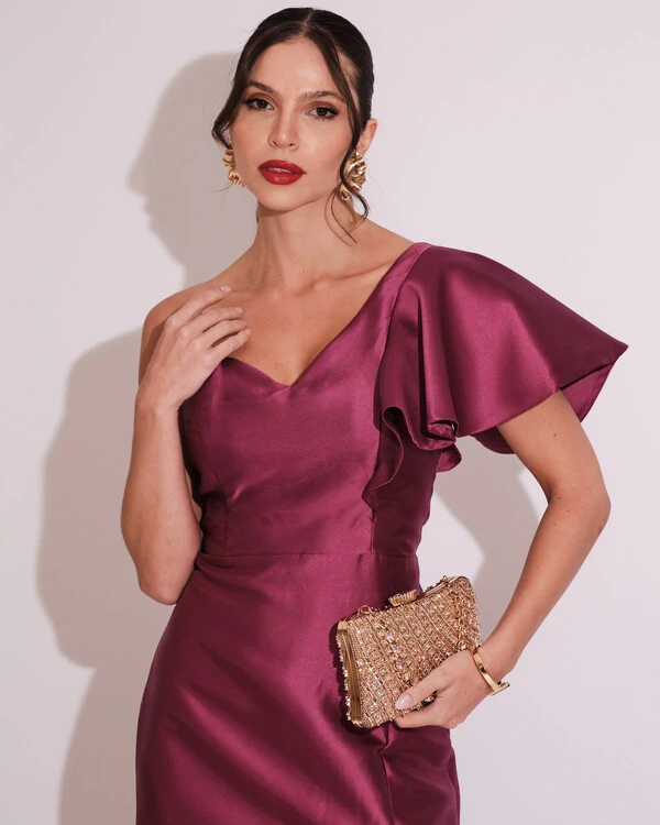 Vestido de Festa Longo um Ombro Tomara que Caia Zibeline Fúcsia