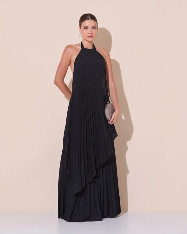 Vestidos de Festa Longo Chiffon Fluido Frente Única Plissado Duplo Preto