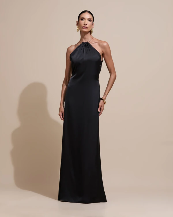 Vestido de Festa Longo Cetim Fluido com Argola Frente Única Preto