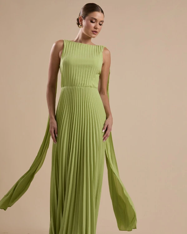 Vestido de Festa Longo Crepe Chiffon Plissado com Lenço nas Alças Verde Garden