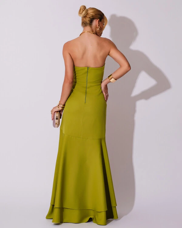 Vestido Longo com Fenda de Babados Alfaiataria Verde Pistache