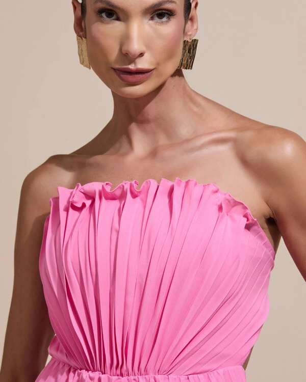 Vestido de Festa Longo Tomara que Caia Plissado Detalhe Rosa