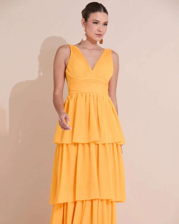 Vestido de Festa Longo Decote V Crepe Chiffon Plissado Camadas Babado Laranja Manga New