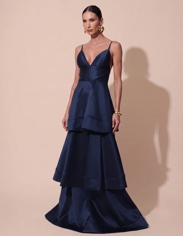 Vestido de Festa Longo Zibeline em Camadas Decote em V com Alças Azul Marinho