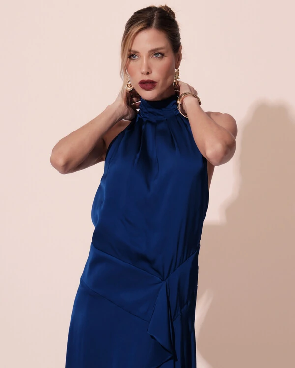 Vestido Longo de Festa Cetim Fluido Gola Alta e Babado Cascata Azul Royal New