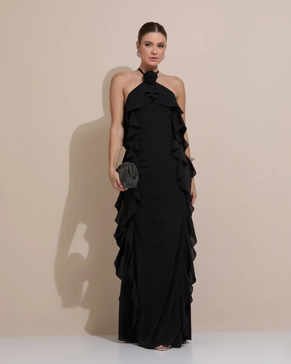 Vestido de Festa Longo Crepe Chiffon Frente Única Babados Cascata e Flor Preto