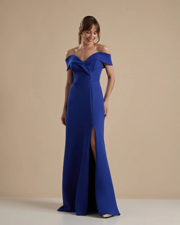 Vestido de Festa Longo Alfaiataria Ombro a Ombro com Fenda Azul Royal