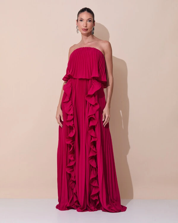 Vestido de Festa Longo Crepe Chiffon Tomara que Caia Plissado com Babado Cascata Cereja