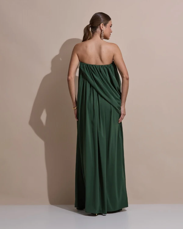 Vestido de Festa Longo Tomara Que Caia Crepe Chiffon Drapeado Verde Militar