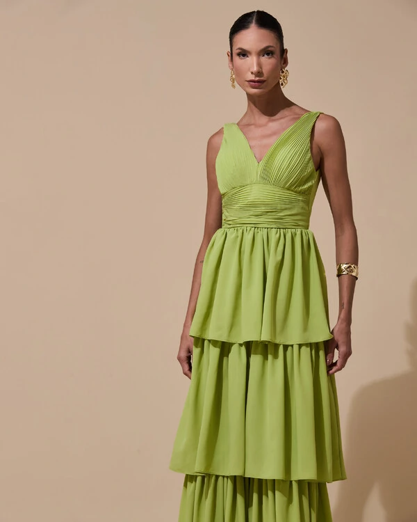 Vestido de Festa Longo Decote V Crepe Chiffon Plissado Camadas Babado Verde Garden