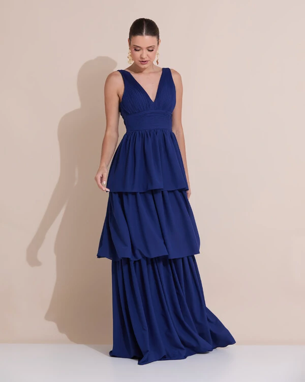 Vestido de Festa Longo Decote V Crepe Chiffon Plissado Camadas Babado Azul Marinho