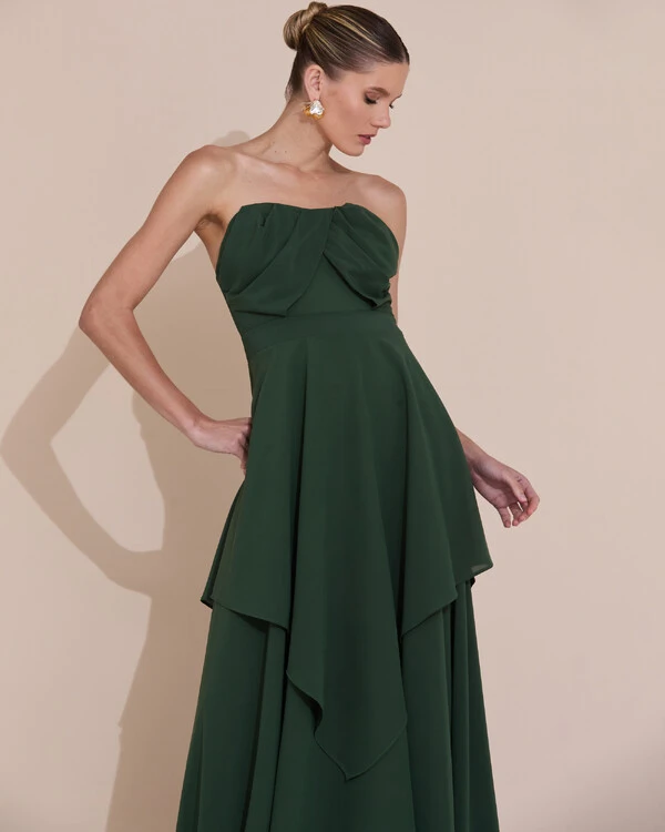 Vestido de Festa Longo Tomara que Caia Crepe Chiffon Drapeado Camadas Verde Escuro New