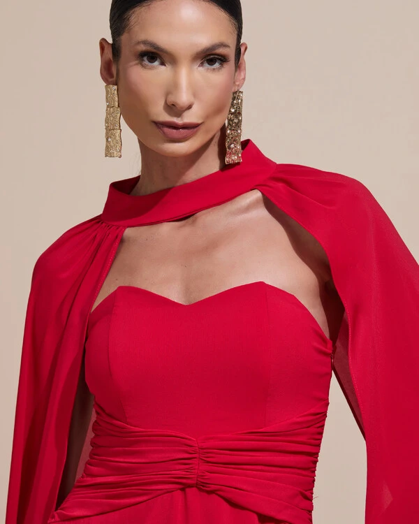 Vestido de Festa Longo Tomara Que Caia Crepe Chiffon Drapeado Capa Vermelho