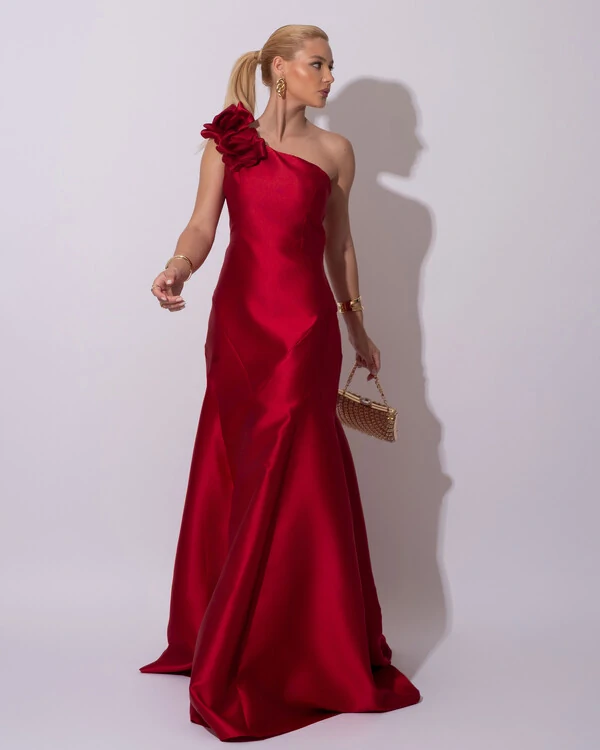 Vestido de Festa Longo Zibeline um Ombro Só Flor Removível Saia Sereia Marsala