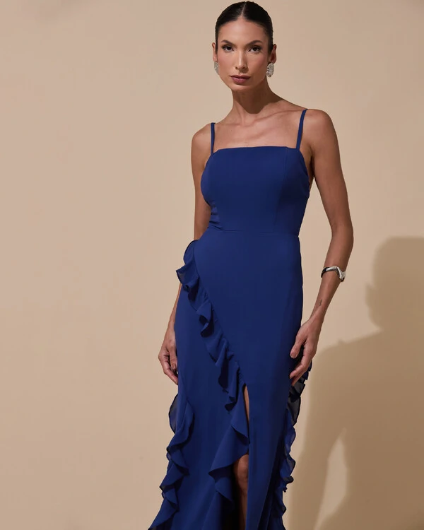 Vestido de Festa Longo Alças Finas Crepe Chiffon Babado Cascata Fenda Costas V Azul Marinho