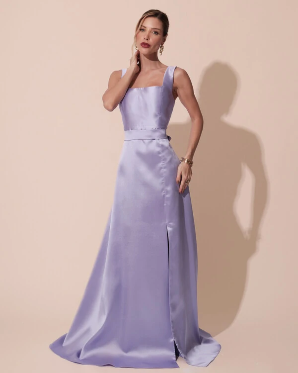 Vestido de Festa Longo Zibeline com Fenda e Faixa Lilás
