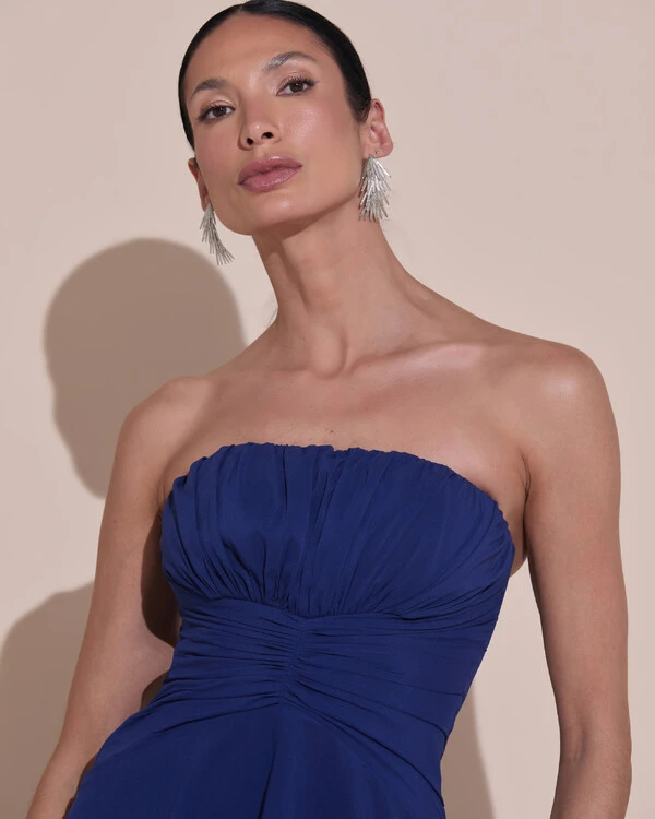 Vestido de Festa Longo Tomara que Caia Drapeado Crepe Chiffon Babados Camadas Azul Marinho