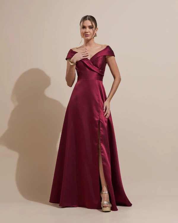 Vestido de Festa Longo Zibeline Ombro a Ombro com Fenda Marsala Escuro