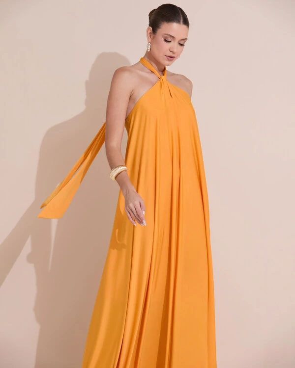 Vestido Longo com Amarração em Malha Laranja Manga