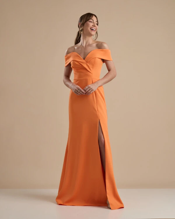 Vestido de Festa Longo Alfaiataria Ombro a Ombro com Fenda Laranja