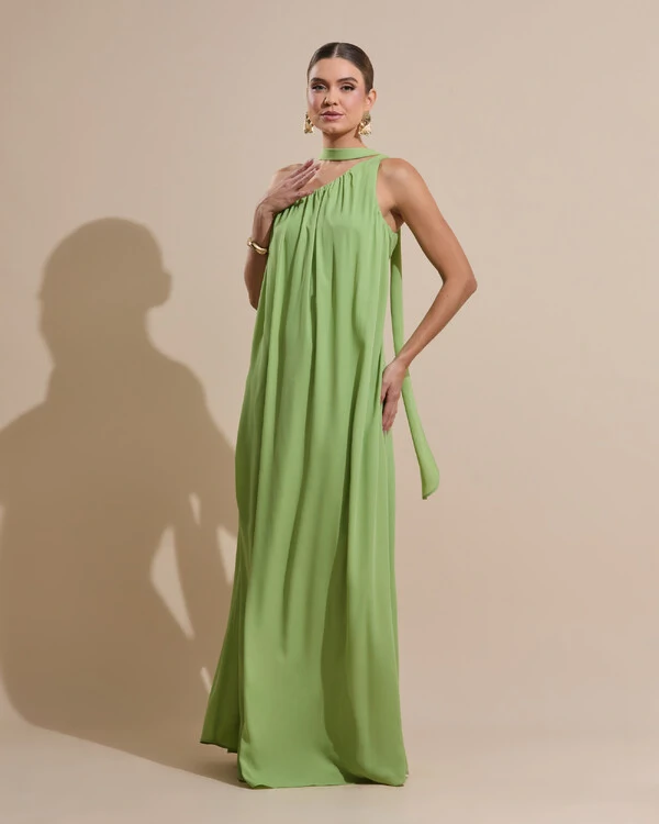 Vestido de Festa Longo Crepe Fluido um Ombro Só com Lenço Verde Garden