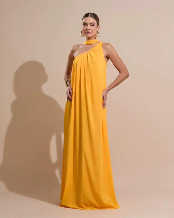 Vestido de Festa Longo Crepe Fluido um Ombro Só com Lenço Laranja Manga New