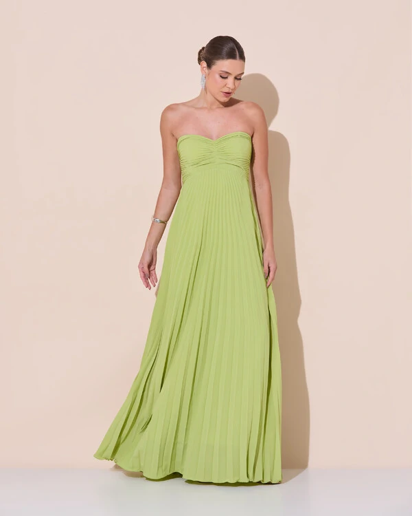 Vestido de Festa Longo Tomara que Caia Plissado com Lenço Verde Claro