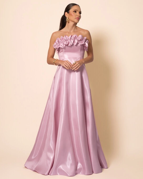 Vestido de Festa Longo Cetim Cristal Tomara que Caia com Flor 3D Rosa