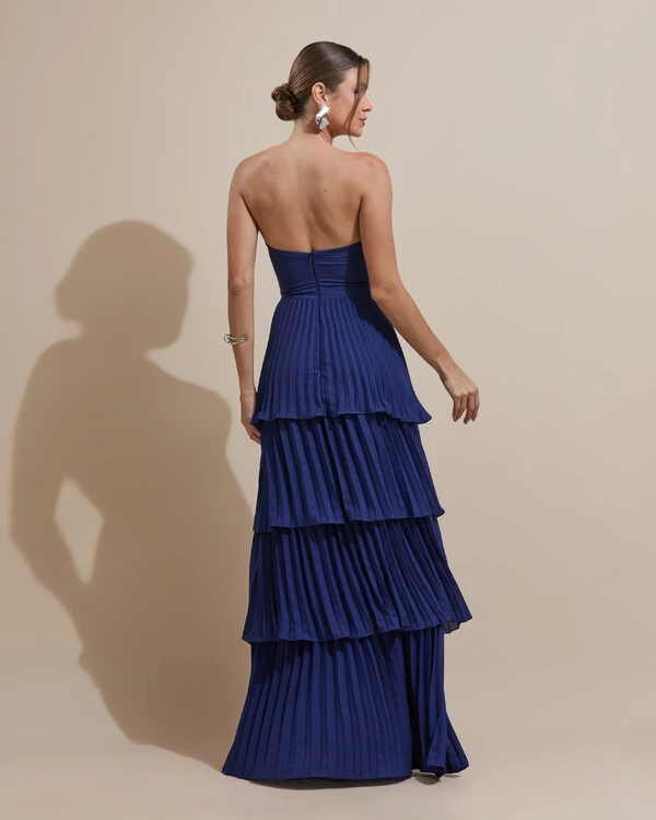 Vestido de Festa Longo Tomara que Caia Crepe Chiffon Plissado Camadas Azul Marinho